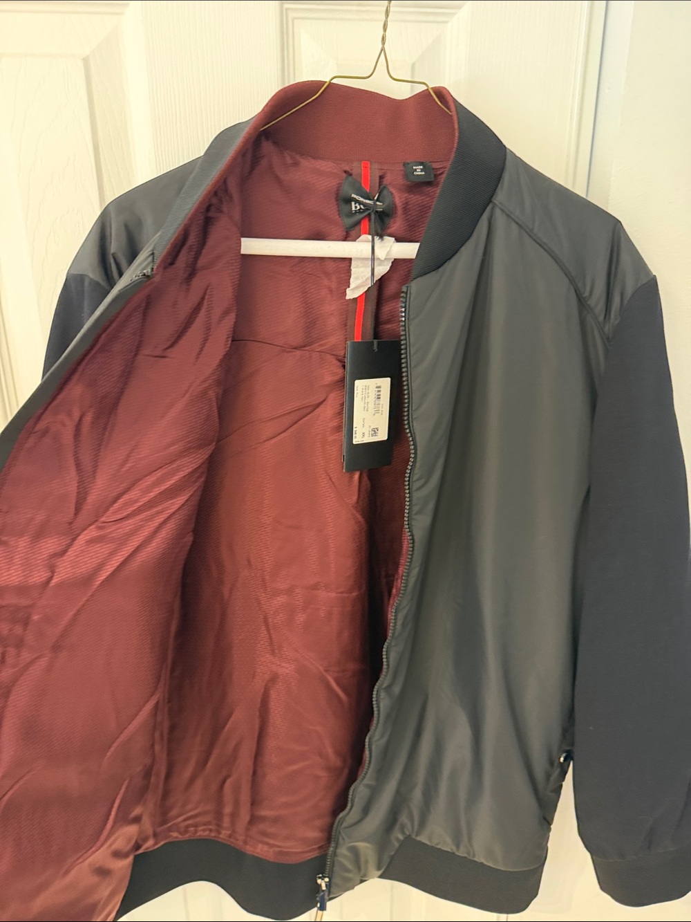 Boss Men's Gray Bomber Jacket with Burgundy Lining